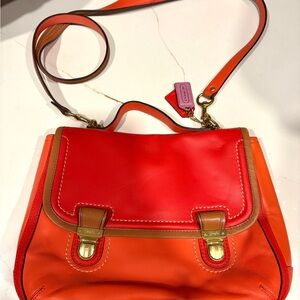 Coach Two-Tone Red & Orange Leather Satchel with Tan Trim